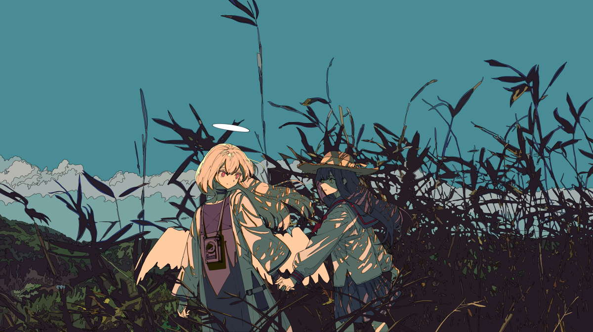 the image depicts two animestyle girls walking handinhand through a tall field of grass. the sky is a serene, dusky blue with soft clouds. one girl has blonde hair and what appears to be a halo above her head. she's wearing a white coat with a camera bag, suggesting a possible journey or adventure. the other girl has darker hair, wears a hat and a darker, more uniformlike outfit. the overall aesthetic is stylistic and graphic, with strong shadows and vibrant colors. the scene conveys a sense of calm companionship and gentle adventure in a peaceful natural setting.