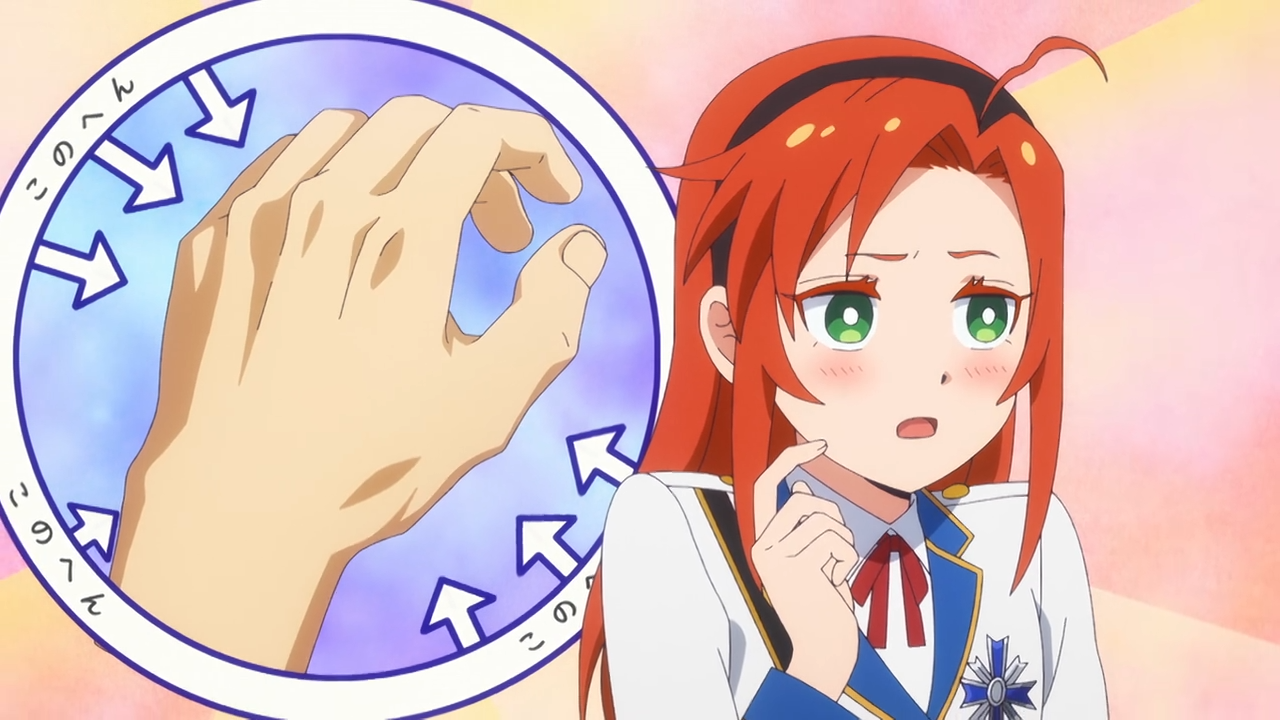 the image features a closeup of an anime girl with bright red hair and green eyes.  she has a slightly confused and embarrassed expression with rosy cheeks. beside her head is a circular graphic featuring a hand curled into a fist with arrows pointing inwards, all on a blue and purple gradient background. japanese text surrounds the hand illustration.  the overall style is lighthearted and cartoonish with a soft color palette.