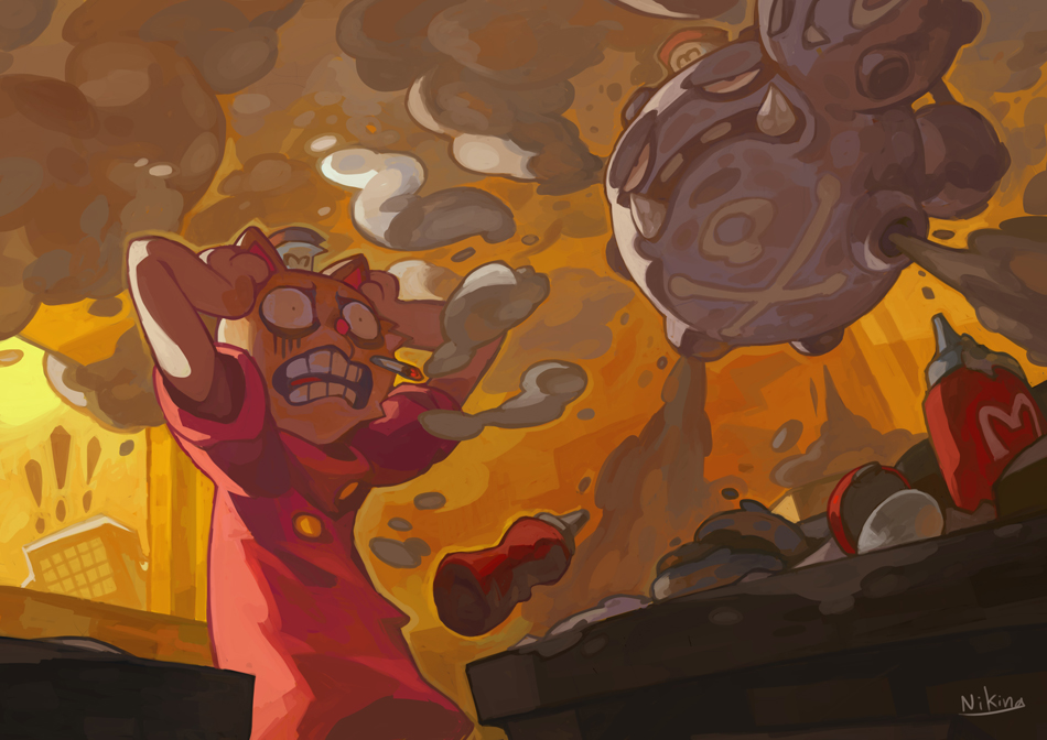 a cartoon girl with cat ears is panicking and holding her head in her hands. she is wearing a red dress and a chef hat. she is surrounded by smoke and fire, and a large kitchen utensil is falling from the sky. the kitchen is a mess, with ketchup bottles scattered all over the floor. the girl is scared and worried, her expression shows distress and anger.