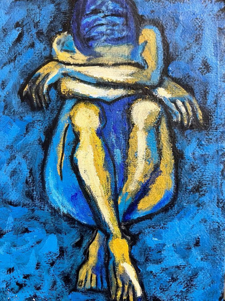 a painting depicting a woman sitting, curled in on herself with her arms crossed, her legs crossed, and her head slightly bent forward. she is painted in a bold, abstract style with thick brushstrokes of blue, yellow, and black. the background is a textured field of blues and grays. the painting is very expressive and evokes feelings of isolation and vulnerability. the figure appears to be in a state of deep thought or sadness.