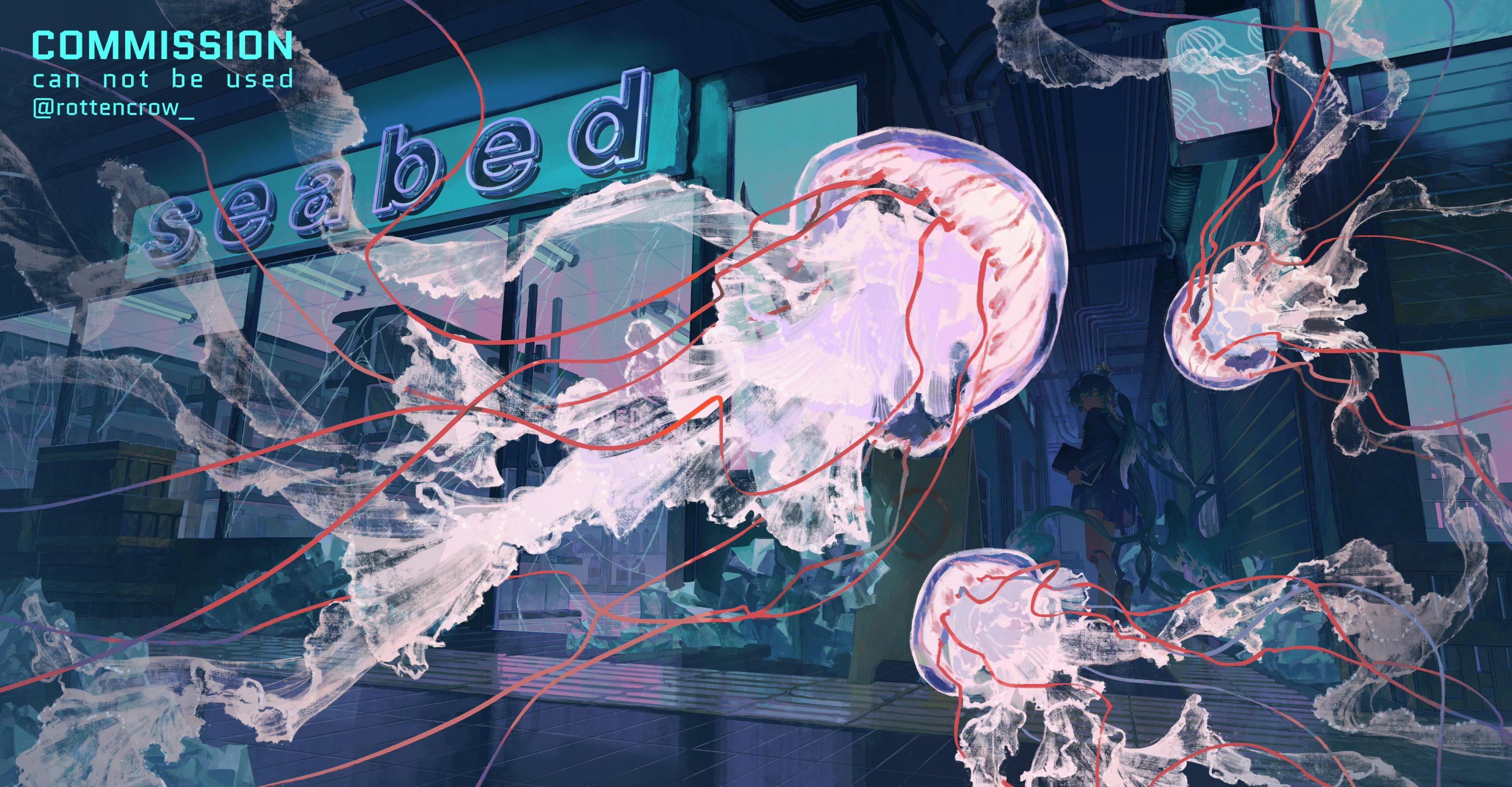 a digital illustration of a street scene in a city at night, with a neon sign that reads "seabed" in the window of a building. the scene is filled with jellyfish, which are depicted in an abstract and dreamlike style. the colors are vibrant and colorful, and the overall mood is surreal and dreamy.