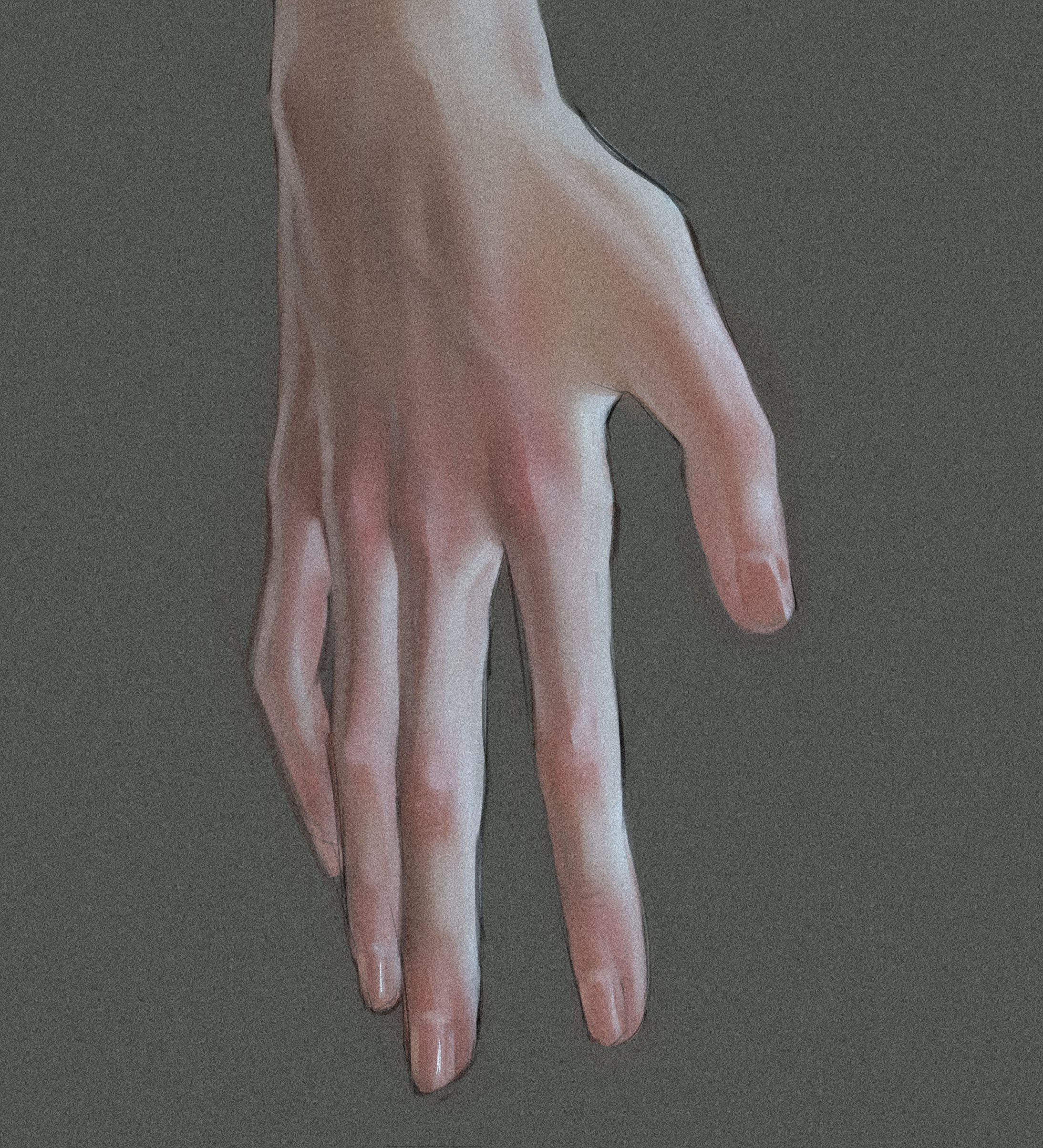 the image shows a realistic drawing of a person's left hand against a gray background. the hand is extended, with the fingers slightly curled.  the lighting is soft, creating subtle shadows and highlights that emphasize the contours of the hand. the overall palette is muted and natural, with warm undertones.