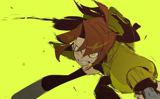 a cartoon drawing of a girl with long red hair and a yellow and green jacket. she is angry and her expression is fierce. she is in a dynamic pose with her hair flowing behind her. the image is a digital art style illustration.