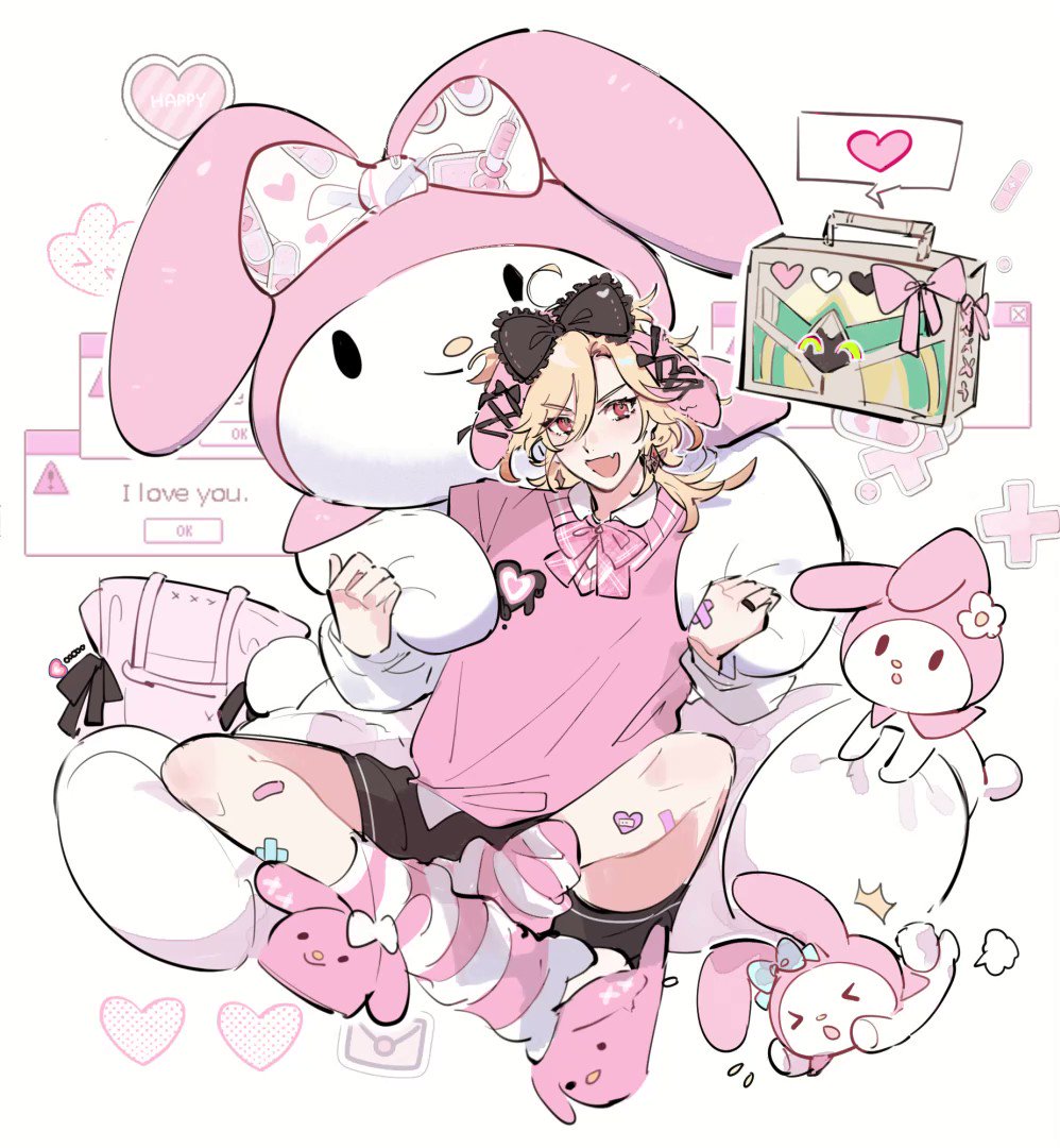 the image features a boy anime character with blonde hair wearing a pink tshirt and white pants  with a big pink hello kitty plush. the character is  smiling and holding the hello kitty plush. there are other hello kitty plush toys around him and there's a small pink firstaid kit in the background. the whole image is in pink tones, with many hearts scattered around the background.  the illustration style is cute and cartoonish. the overall image gives a happy and soft vibe.