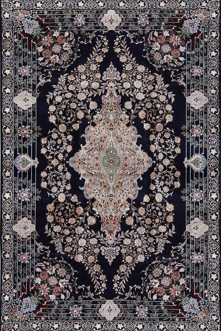 the image shows a richly patterned persianstyle rug with a dark blue background. it features an intricate floral design, with a central medallion as the focal point. the rug has an ornate border and a symmetrical layout, adorned with various flowers, leaves, and arabesque motifs. the overall design is highly detailed and visually complex.