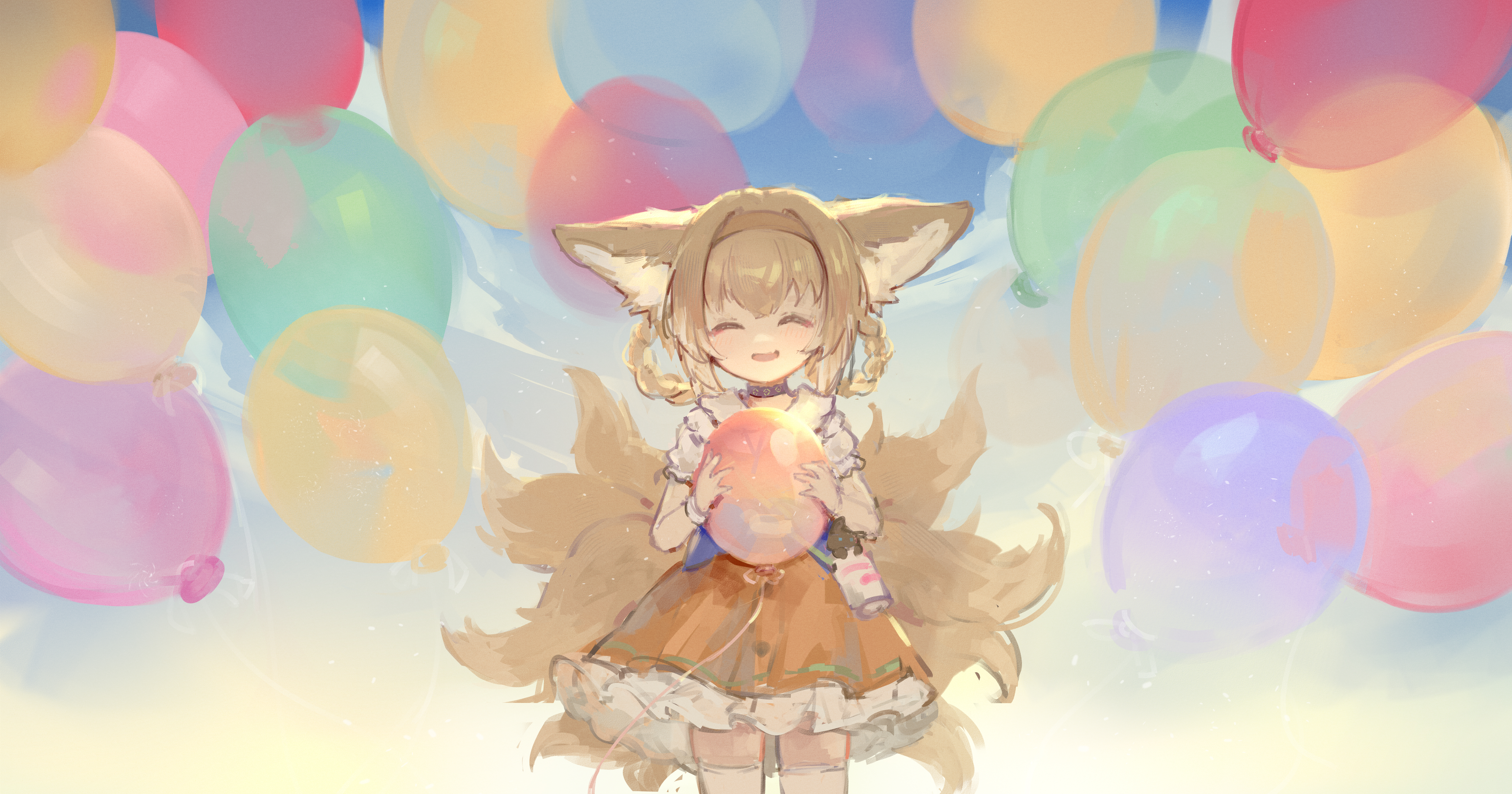 the image is a digital painting of a cute anime girl with nine fox tails. she is wearing a pastel orange and white dress and has long blonde hair styled in braids. she is happily holding a pastel orange balloon and surrounded by many other pastelcolored balloons floating in the air. the overall style is soft, dreamy, and whimsical, with pastel colors dominating the scene and a gentle, light atmosphere. the image is evocative of a joyful and magical experience.