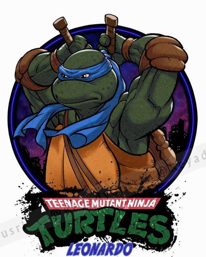 an illustration of leonardo, a ninja turtle, in a fighting stance. he has his blue bandana, his shell, and katanas. he is in front of a city skyline, with a large purple circle and a logo for "teenage mutant ninja turtles". the logo also says "leonardo" to indicate who the turtle is.