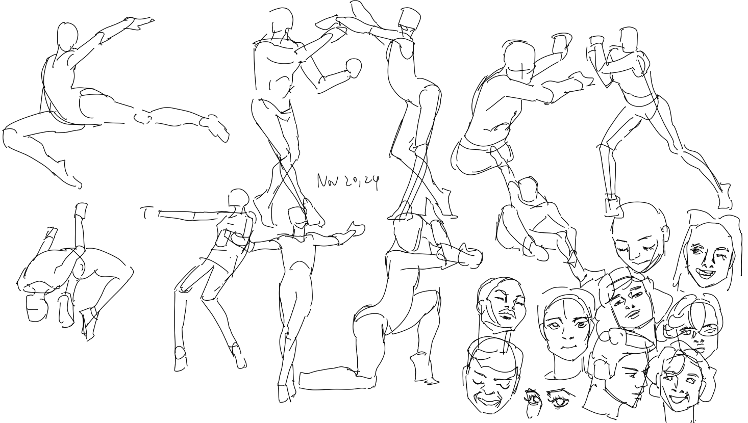 he image contains a collection of dynamic line sketches depicting various human figures in different poses and expressions. some figures are shown in action poses, suggesting movement and energy. other sketches focus on individual heads and faces, showcasing a range of expressions. the style is loose and expressive, focusing on capturing the essence of the movement and emotion rather than precise detail. the date "nov 20, 2024" is written in the center of the page. the overall impression is that of a series of quick studies or gesture drawings.