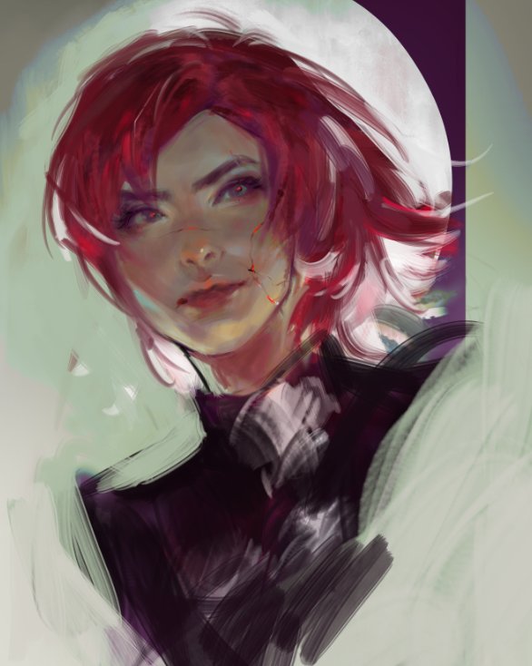 a digital painting portrays a female character with short, vibrant red hair. the character is depicted in a portrait style, wearing dark clothing and exhibiting wounds or scars on her face, suggesting a battle or struggle. the artwork features a distinctive style with visible brushstrokes, creating a textured and painterly effect. the use of light and shadow enhances the depth and contours of the face, while cool tones contribute to the overall atmosphere of the image. the character's eyes are expressive, conveying a sense of determination or intensity.