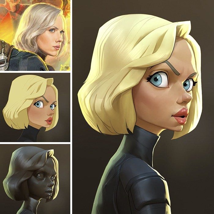 the image features a collection of depictions of the black widow character, presumably inspired by scarlett johansson's portrayal in the marvel cinematic universe. the focus is on stylized digital artwork, showcasing different artistic approaches to the character's design. a realisticlooking portrait is in the top left of the image, whereas the other three images are cartoons of black widow.