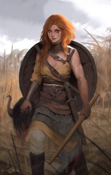 a warrior woman with red hair stands in a field with a shield on her back and a sword on her hip. she is holding a severed head in her hand and has dark markings under her eyes.