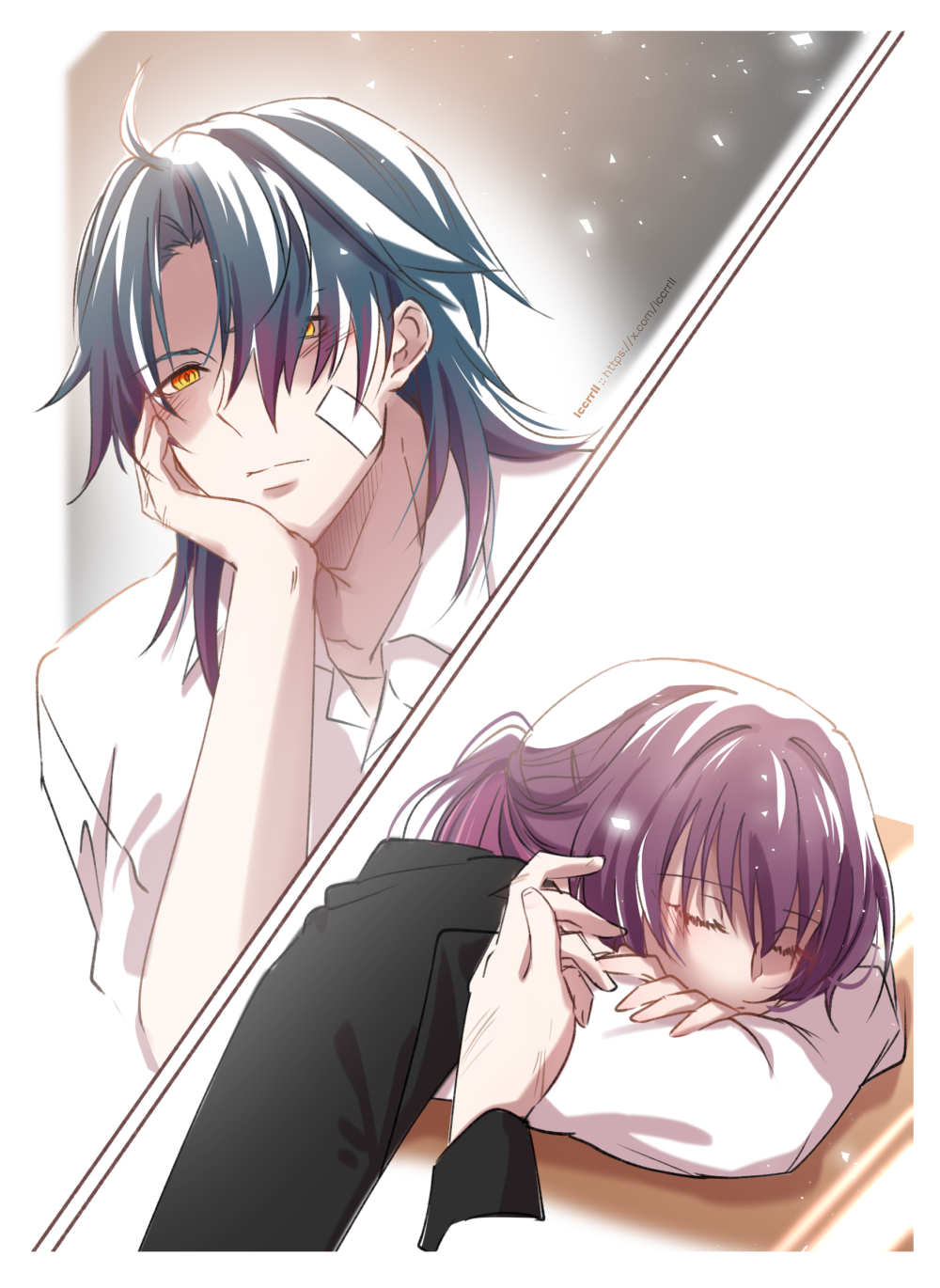 the image is a digital art illustration of an anime couple. the male character is leaning back on his hand and looking at the
