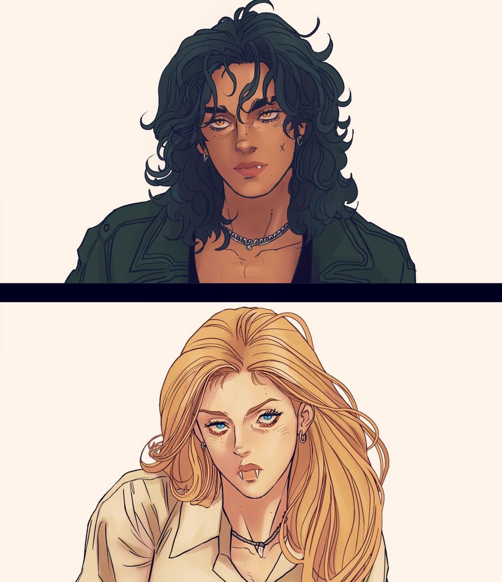 the image is a digital illustration featuring two portraits, one male and one female, stacked on top of each other against a plain background. the male figure is depicted with dark, curly hair, tan skin, and amber eyes. he is wearing a dark jacket over a black top and a silver chain necklace. he has small earrings and a small 'x' below the eye, and two fangs can be seen in his mouth. the female figure has long, flowing blonde hair, fair skin, and blue eyes. she is wearing a lightcolored shirt and a necklace with a toothshaped pendant, and two fangs are visible in her mouth. she has small earrings. both figures appear to be vampires.