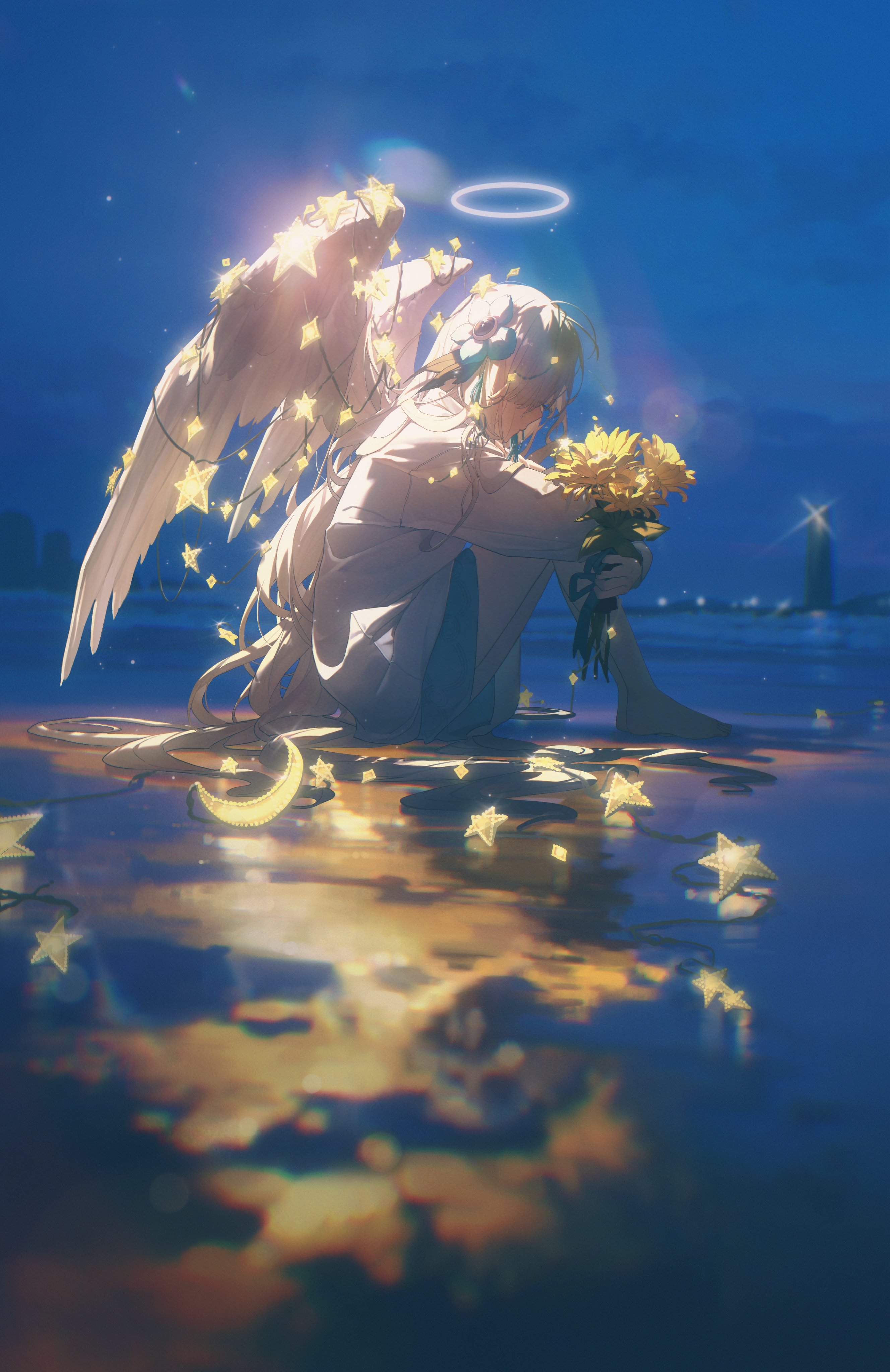 the image depicts a solitary angel sitting in shallow water at the edge of a beach, their back turned to the viewer. they are adorned with white wings adorned with glowing stars and a simple halo above their head.  the angel clutches a bouquet of sunflowers, their head bowed in a posture suggestive of sadness or contemplation. the scene is bathed in the warm, soft light of a setting sun, casting an ethereal glow over the angel and the surrounding water. the colors are muted and gentle, further emphasizing the sense of peace and melancholy. a cityscape is faintly visible in the distance, hinting at a world the angel seems removed from. the angel’s reflection shimmers in the water, surrounded by scattered stars, contributing to the overall atmosphere of serenity and otherworldly beauty.