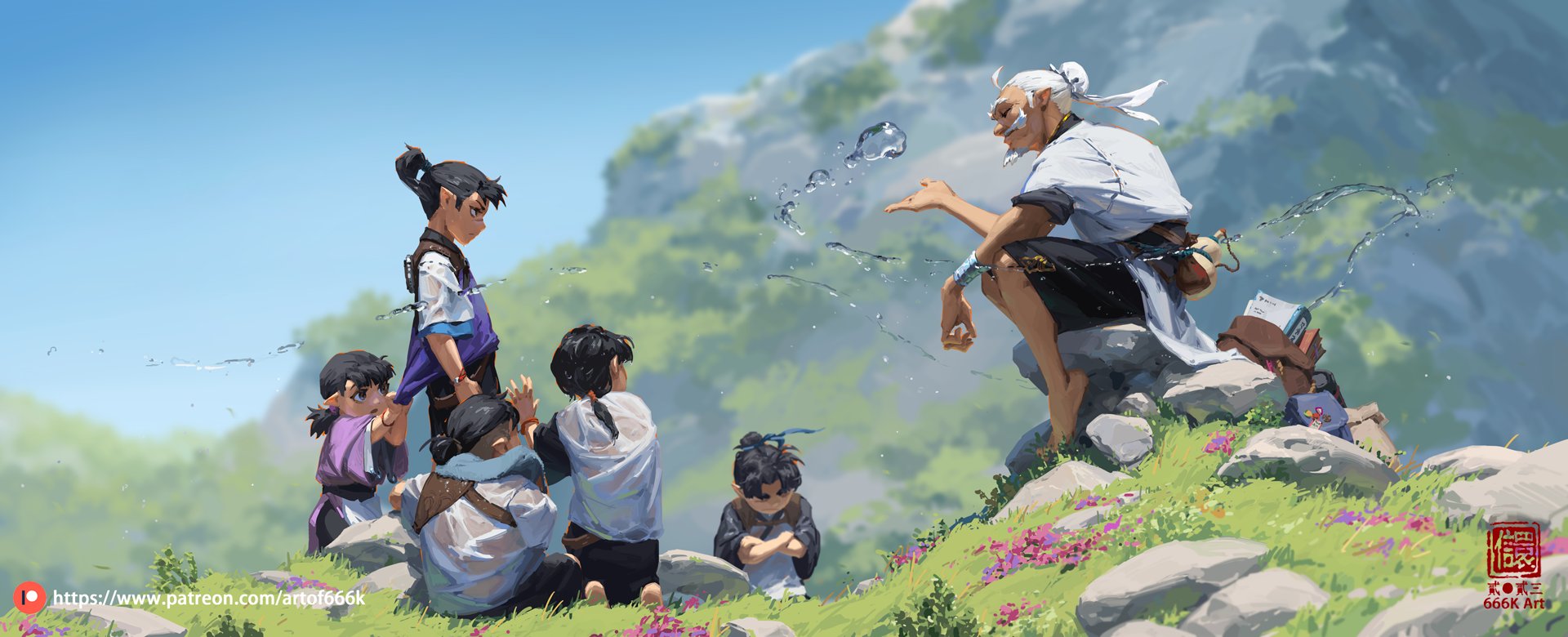 the digital painting depicts a serene scene in a fantasy landscape. a group of young, elflike children are seated on a grassy hillside overlooking a mountainous vista.  a wiselooking, older elflike man, with flowing white hair and dressed in loose white clothing, sits amongst the rocks near them, appearing to demonstrate or teach them water magic as water bubbles and streams emanate from his hand. the overall atmosphere is peaceful and suggestive of a learning environment, perhaps a magical lesson or initiation. the style is reminiscent of anime, with soft, pastel colors and a focus on emotion and storytelling through visual elements. the artwork is credited with a patreon link and artist signature.