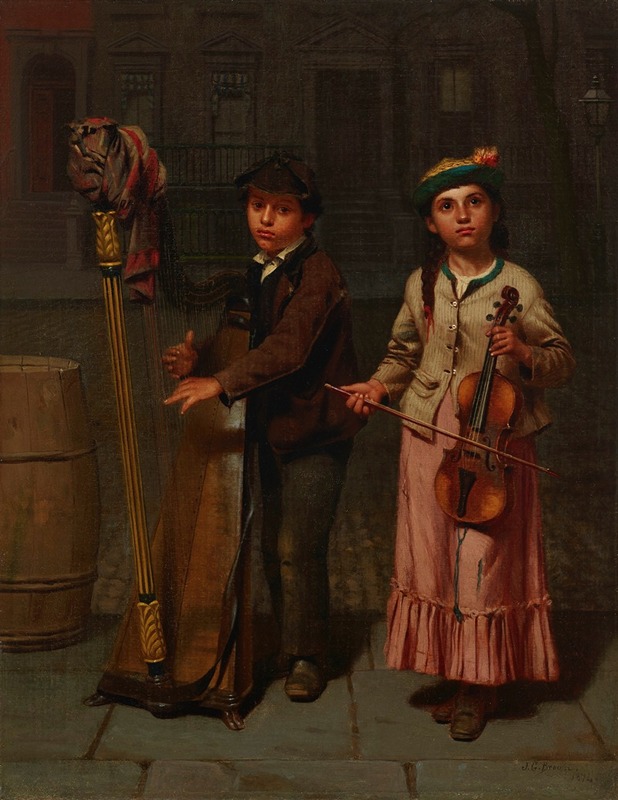 an oil painting depicting two young children on a street, likely busking or performing for money. the boy stands to the left, next to a tall, decorative harp draped with a cloth. he wears a brown jacket, dark pants, and a cap. the girl stands to the right, holding a violin and bow. she wears a lightcolored jacket over a pink dress with a green hat. a wooden barrel sits to the left of the boy, and in the background, there is an indistinct building facade, with doors and windows and a lit street lamp. the overall tone is somewhat somber and the weather appears overcast.