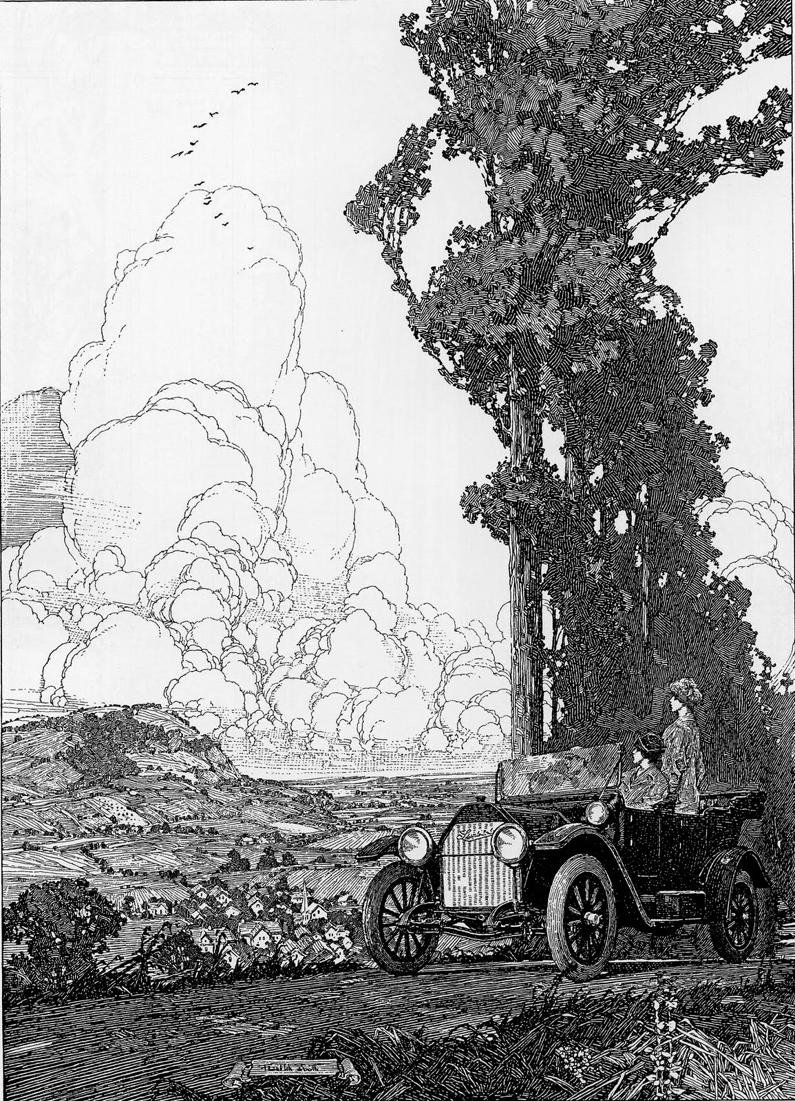 a black and white illustration, possibly a woodcut, depicts a vintage opentop car driving along a country road. two women are seated in the car, enjoying the scenic view. the landscape features rolling hills, trees, and a cloudy sky. the car is detailed, showing the design features of the era. the overall style suggests the 1920s or early 20th century. the scene is peaceful and evokes a sense of freedom and travel.
