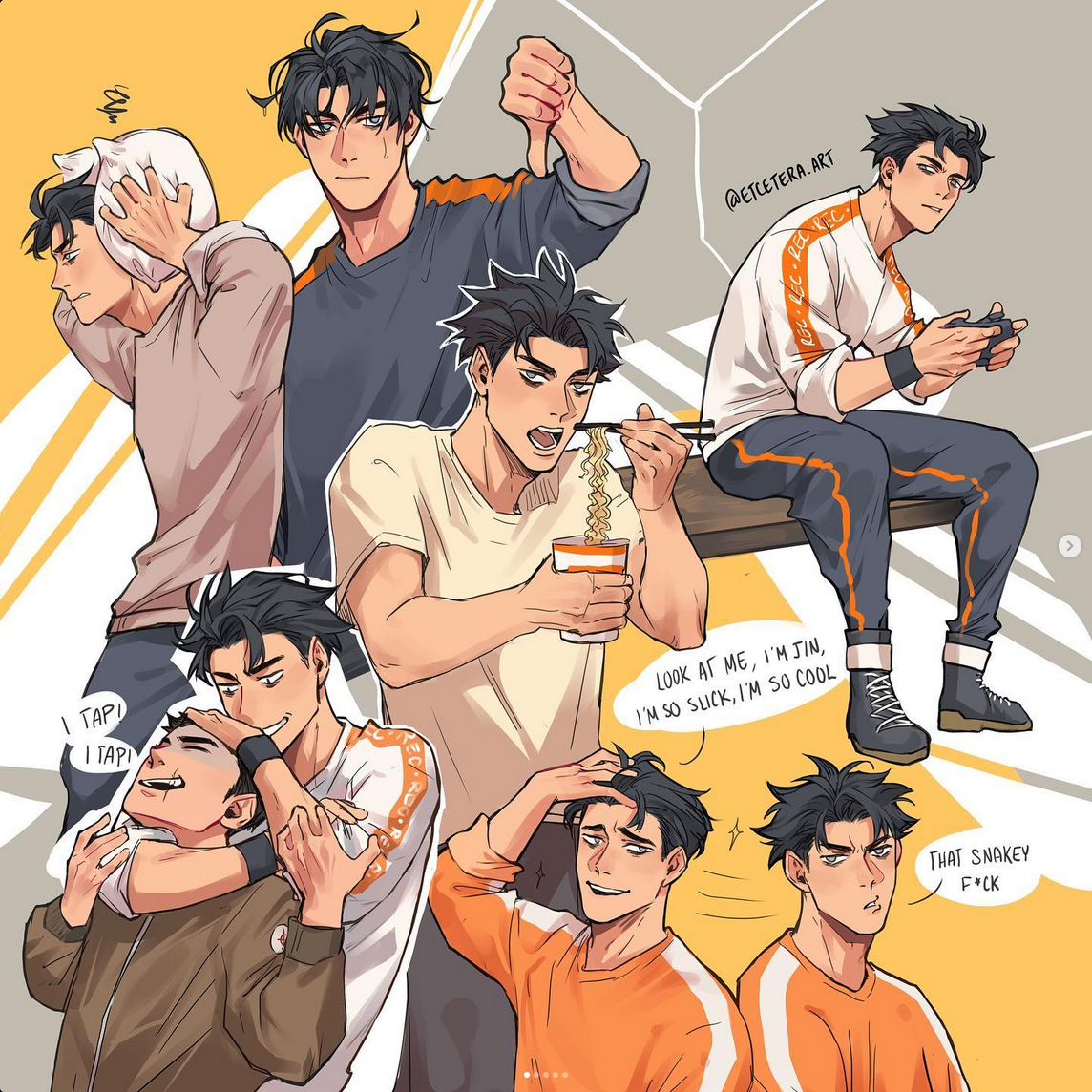 this is a digital art piece that consists of nine different panels depicting the same young man in various poses and situations. he's depicted in casual clothing and home settings, conveying different aspects of his personality. the style is reminiscent of anime and manga, with expressive linework and vibrant colors. he's shown eating ramen, playing video games, getting a playful headlock, and reacting to situations with a range of emotions from cocky confidence to annoyed frustration. the overall tone of the artwork is lighthearted and humorous.