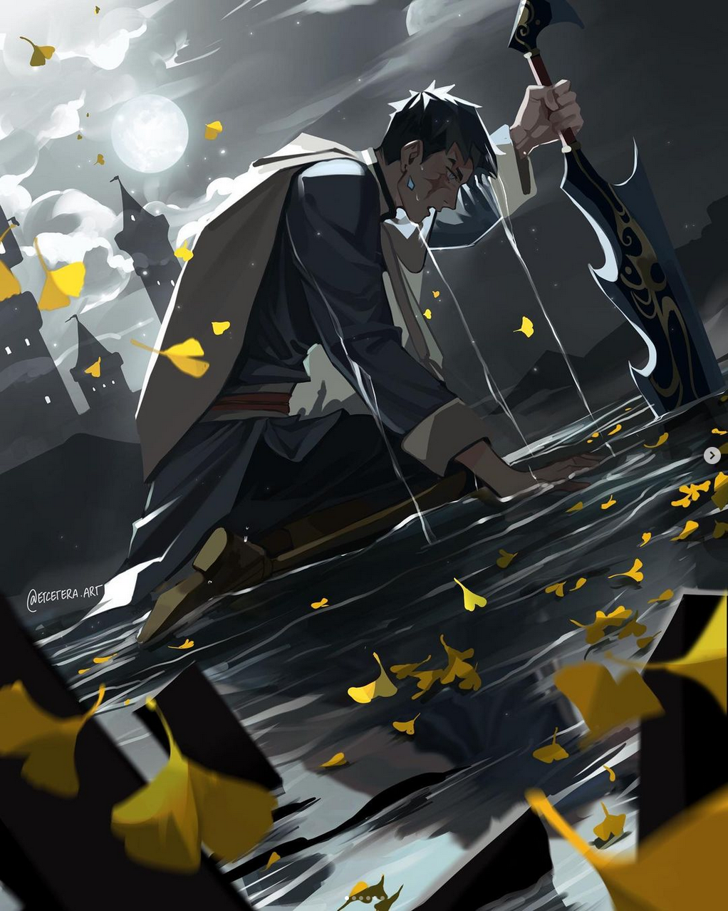 a man, consumed by sorrow, kneels in a shallow body of water beneath a moonlit sky. tears stream down his face as he clutches a large, ornate sword.  golden leaves, likely ginkgo, fall around him, blanketing the water's surface and reflecting the moonlight.  a towering castle, barely discernible in the darkness, looms in the background.