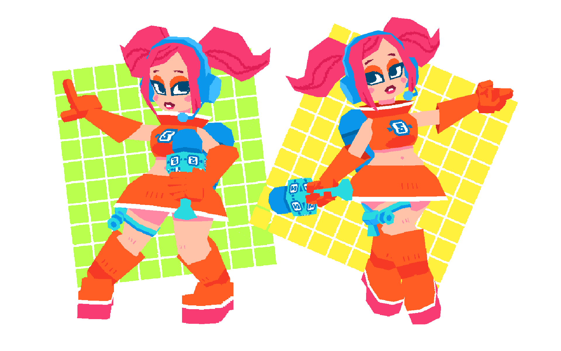 a 3d model turnaround of a female character designed in a colorful, slightly pixelated style. the character is wearing an orange and blue outfit, has pink hair in pigtails, and is posing with a futuristic microphone. the background is white with a yellow grid pattern behind the character.