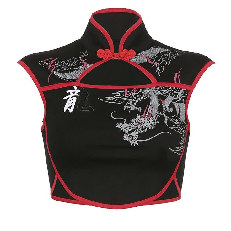 a black cropped cheongsamstyle top with red trim. the top features a mandarin collar with knotted buttons, a dragon print on the front, and chinese characters. it is designed like a sleeveless tank top.