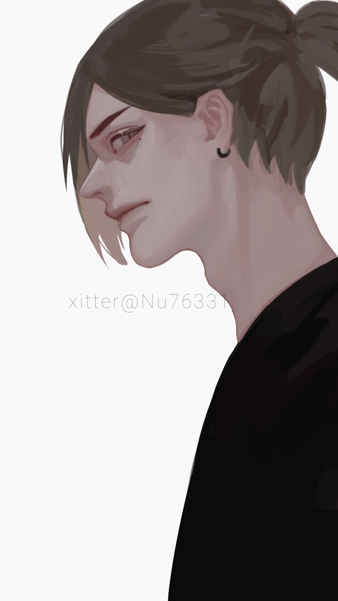 a digital illustration of an anime male character in a black shirt with long black hair pulled back in a ponytail. the character is looking off to the side with a serious expression. he is wearing a black earring. the image is drawn in a trendy style with dark colors and sharp lines.