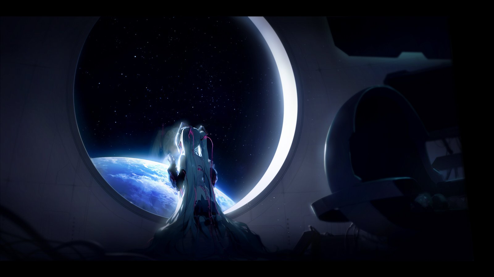 an anime girl with long white hair with pink accents stands in front of a large circular window, gazing out at earth from a spaceship. the window is a bright white, illuminating the girl's silhouette and dress, which drapes around her. outside, there is a view of space with numerous stars and earth. to the right, there is a dark spaceship capsule or chair. the scene is dark, with bright light only coming from the window and the earth.