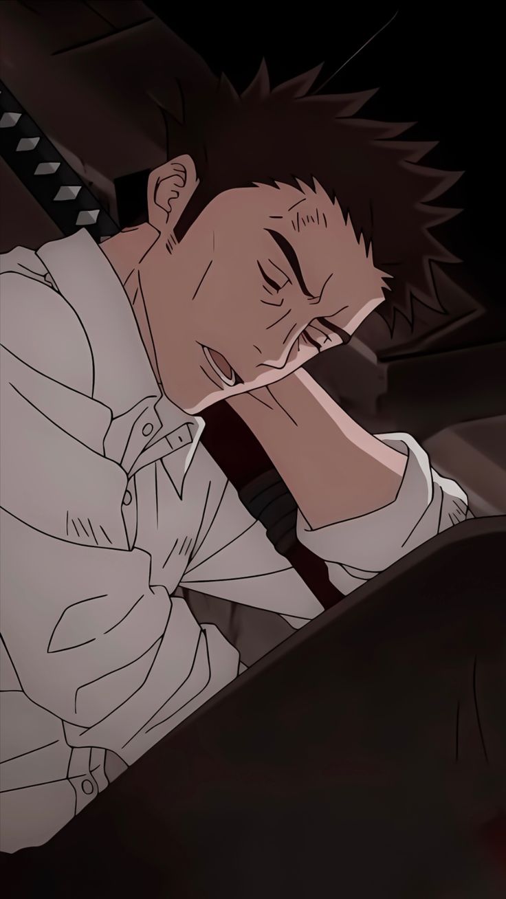 a man with short, spiky hair and a scar under his eye is shown in a closeup shot. he is wearing a white buttondown shirt and appears to be sleeping or resting with his eyes closed. the presence of a sword behind him suggests a connection to action or samurai themes. the overall tone of the image is dark and somber, with lowkey lighting adding to the dramatic effect.