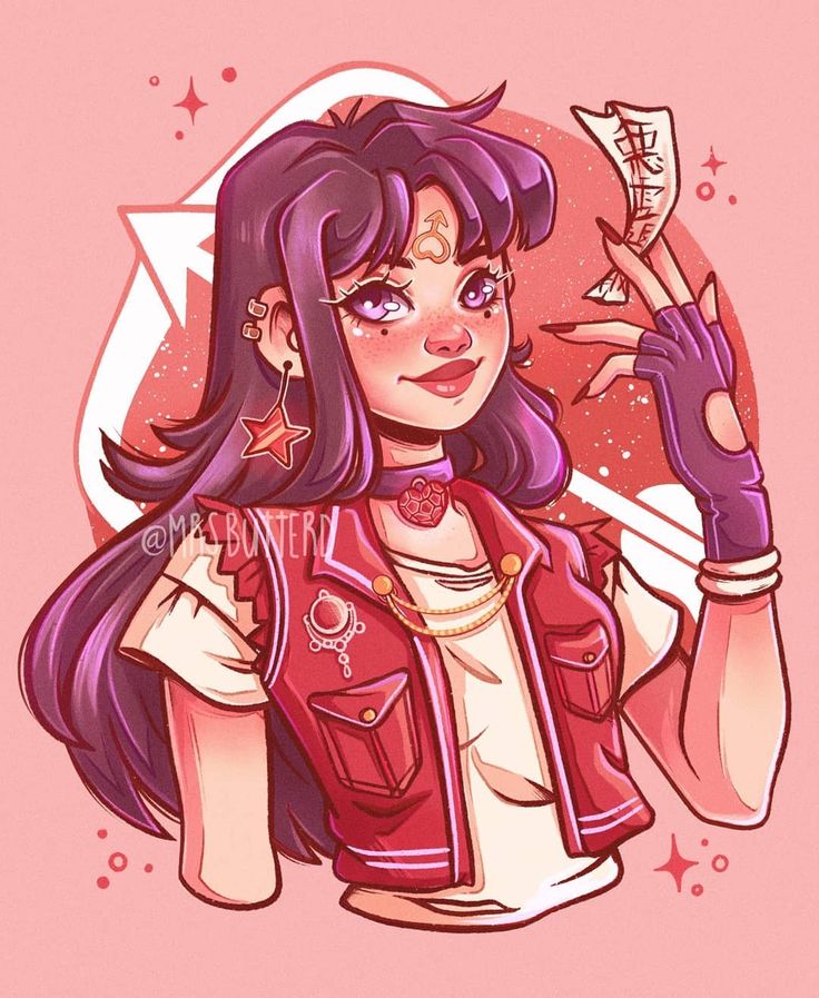 this is a digital art illustration of an anime girl with long purple hair, wearing a red jacket with a gold chain and star earrings,  posing with a piece of paper in her hand. she has a pink glow around her and her hair is styled in a way that resembles sailor moon.