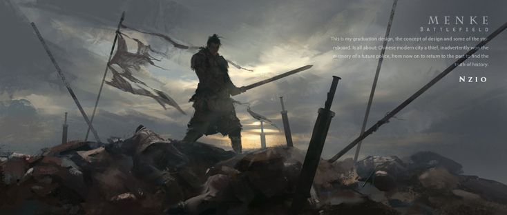 the image shows a painting or digital artwork depicting a scene from a battlefield. a man stands in the center, holding a sword. there are torn flags and debris surrounding him, suggesting a recent battle. the sky is cloudy and overcast, adding to the somber atmosphere. text is visible on the right side of the image, including the title "menke battlefield" and a description mentioning graduation design, chinese modern city, a thief, police, and history.