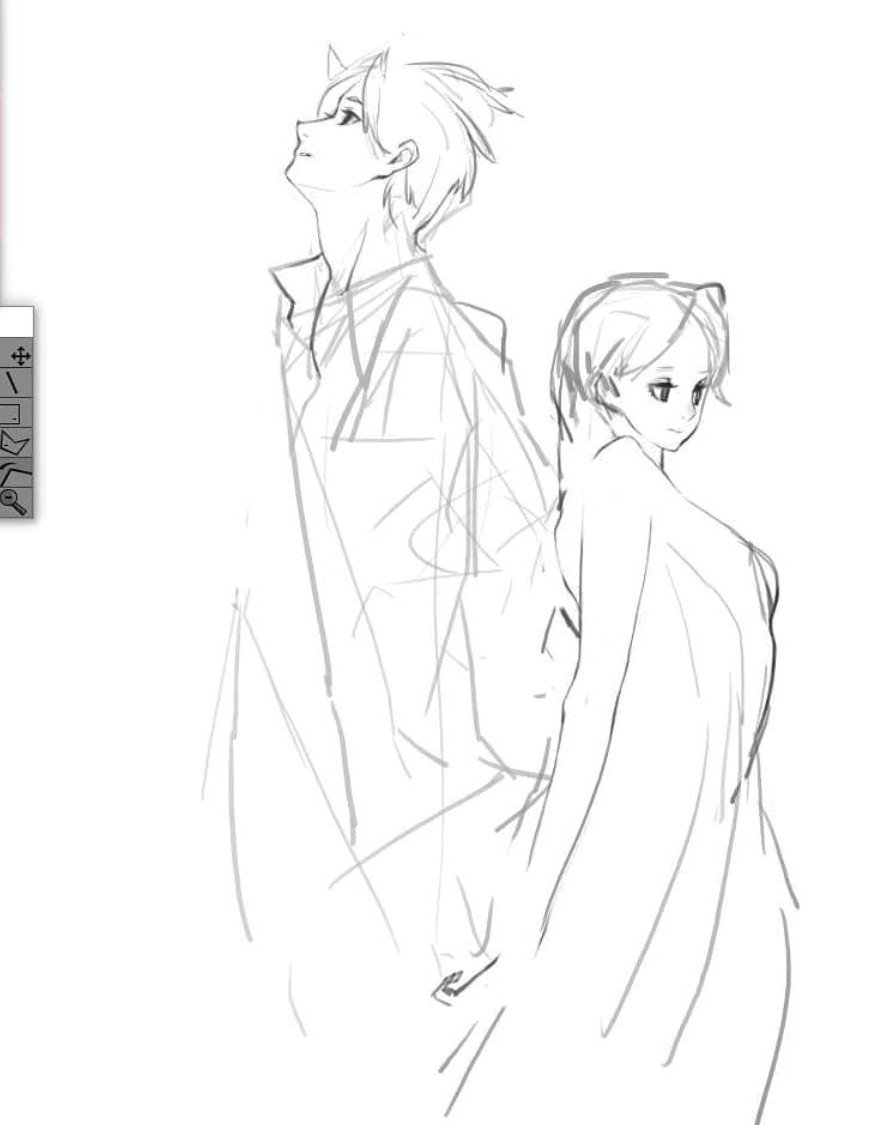 a black and white sketch of a man and a woman, standing close together. the man, drawn with his head tilted back, is partially clothed in a suit jacket. the woman, her hair tied up, is facing towards the viewer and draped in fabric. the style of the drawing is loose and expressive.