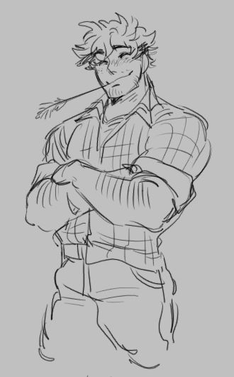 this is a handdrawn sketch of a man with his arms crossed. he is wearing a plaid shirt and jeans. he is smiling and appears happy. the drawing is in black and white and has a cartoon style.