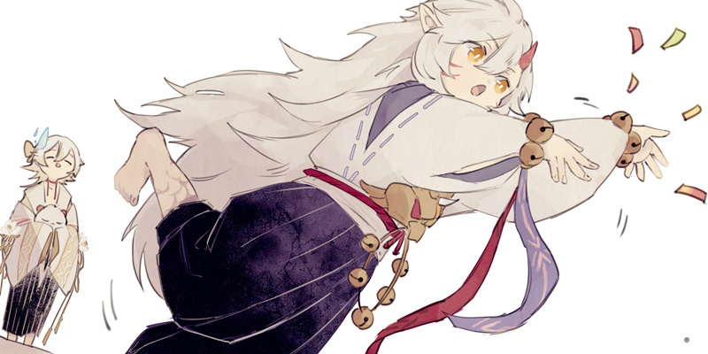 this is a cute anime illustration of a girl with white hair and horns wearing a white kimono with a red ribbon. she is smiling and throwing confetti into the air while another whitehaired character looks on in the background.