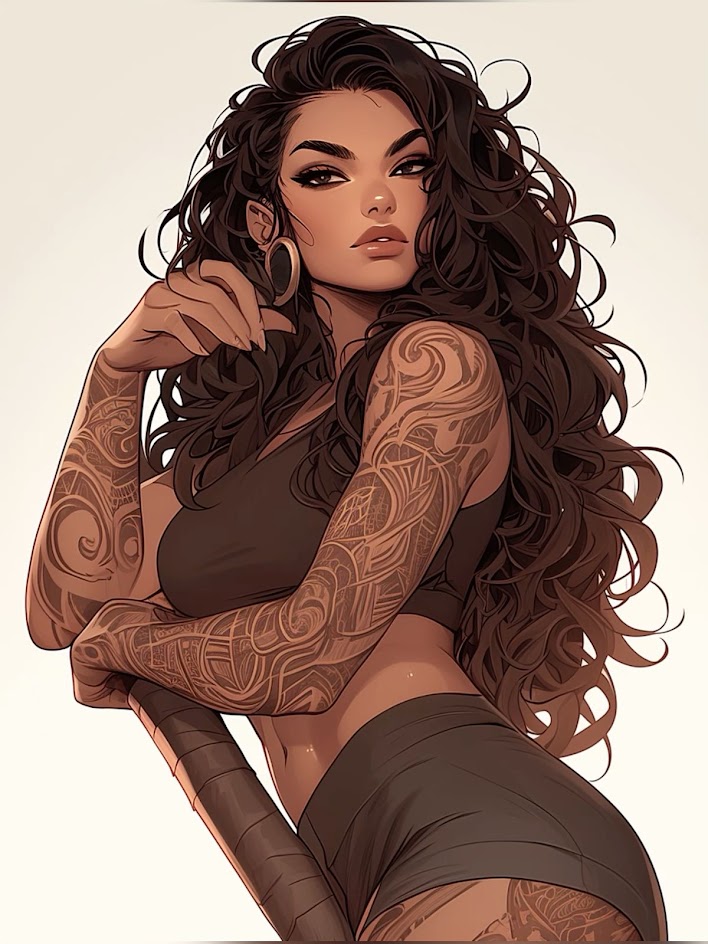 this is a digital illustration of a beautiful woman with dark curly hair. she has on a sports bra and shorts with tattoos all over her arms, and a large earring in her ear. she is holding a metal bar in front of her and looking directly at the camera with a confident look. she is wellbuilt and looks strong.