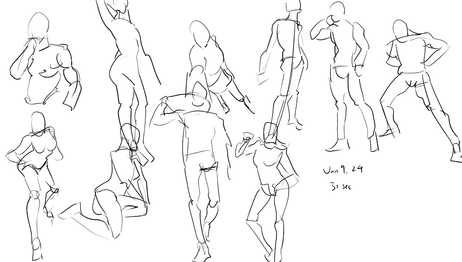 the image contains a collection of quick figure sketches, likely created from a life drawing session.  the style is gestural, focusing on capturing movement and the overall flow of the human form rather than precise anatomical detail. the lines are loose and expressive, suggesting a fastpaced sketching technique.  multiple figures are shown in various poses and actions, some dynamic and some more static.  a date ("jan 9, 24") and time ("30 sec") are noted, indicating that each sketch was likely completed within 30 seconds. the overall impression is one of energy and fluidity.