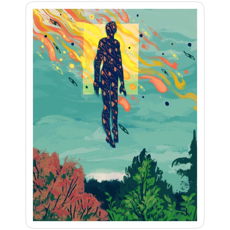 an abstract surreal landscape features a figure floating in the sky amidst swirling colors and shapes, appearing to emerge from a rectangular yellow light. the figure is covered in eyelike patterns. below, trees in shades of green and red form the foreground landscape.