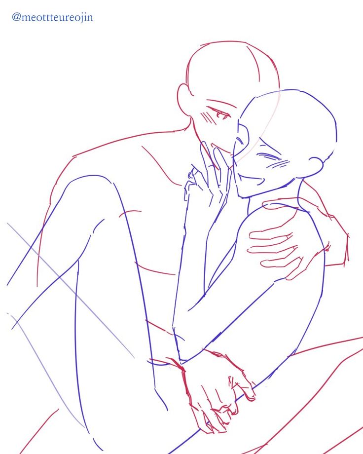 this is a line drawing of a couple hugging. the drawing is in a simple style with minimal details and uses both red and blue lines to outline the poses of the figures. the person in the back has their arm around the person in front, who is leaning into the hug with a happy expression. the person in the back is looking down at the person in front with a gentle expression. the drawing captures the essence of a loving and intimate embrace.