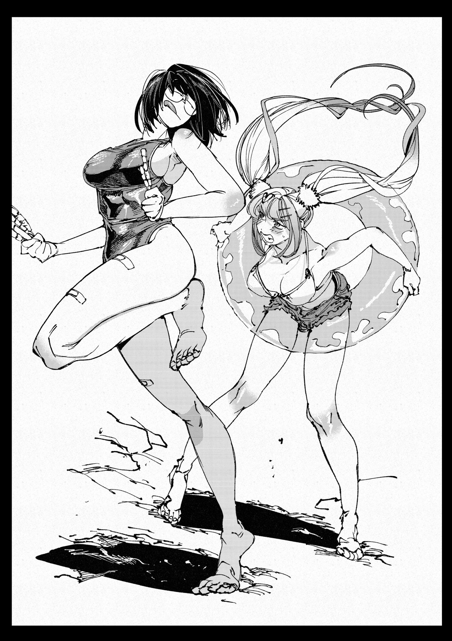 a black and white, highcontrast sketch of two women on the beach. one woman is running towards the "camera" holding a water gun while the second woman struggles to stand while holding an innertube.