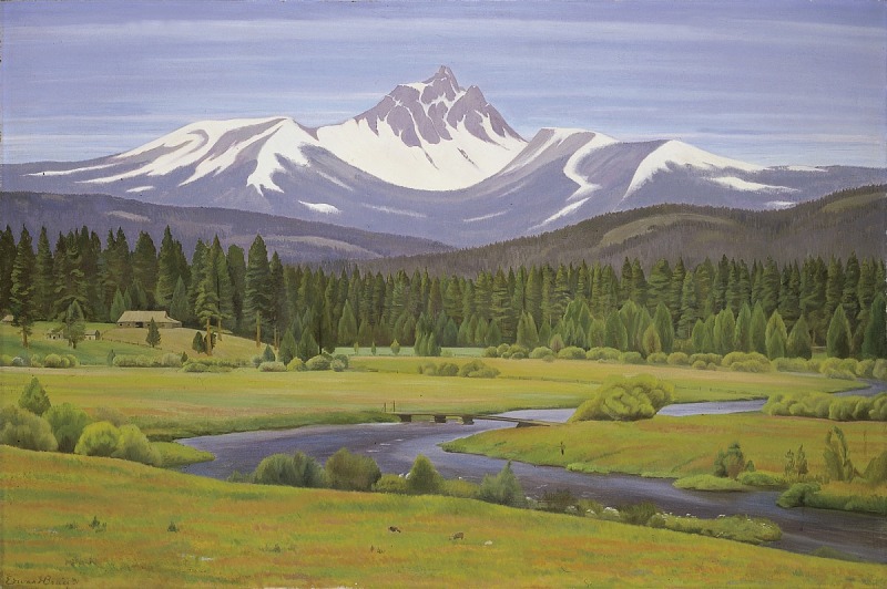a painting of a landscape featuring a snowcapped mountain range in the background, a dense forest, a green meadow with a river flowing through it, a bridge spanning the river, and a cabin nestled near the forest's edge. the sky is pale blue with some clouds. the painting is by edward hagedorn and depicts mount washington in oregon.