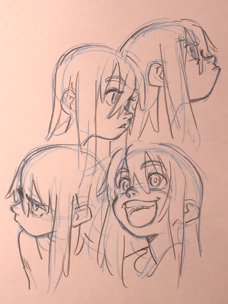 this image contains four pencil sketches of the same female anime character’s head and face from slightly different angles. the drawings highlight her different exaggerated, emotional facial expressions.  the sketches are drawn in black pencil on pink paper and some blue lines appear to either be guidelines or drawn on a transparent sheet overlaying the sketch.