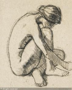 a black and white sketch of a nude woman sitting with her knees drawn up to her chest and her head bent down.  the image is a simple sketch, done with charcoal or pencil.