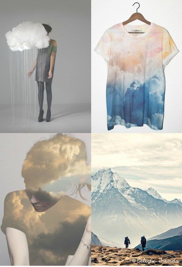 this image is a collage of four different images. the top left image features a woman with a cloud rainlike design over her head. the top right image is a closeup of a light blue and white cloudy tshirt. the bottom left image is a woman with a cloudy image layered over her face and a cloudy shirt. the bottom right image shows a mountain landscape with two hikers in the distance.