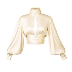 this is a white satin crop top with long puffy sleeves and a keyhole cutout in the front.  it has a tight fit and is a stylish option for a night out.