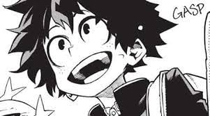 a black and white mangastyle closeup illustration of izuku midoriya from my hero academia. he is depicted with wide, sparkling eyes, a large, openmouthed smile, and windblown hair. he appears to be looking up and gasping in awe and excitement, possibly in response to something inspiring or heroic. the word "gasp" is written in capital letters in the top right corner of the image.
