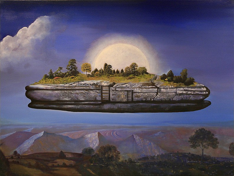 the image is a surrealist painting featuring a floating island in a dreamlike landscape. the island is covered in trees, grass, and other vegetation, with a rocky base. below the island is a landscape with mountains, trees, and open space. in the background, there is a blue sky with a large, pale moon partially obscured by the island. there's a white cloud in the sky. the overall style of the painting is dreamlike and imaginative.