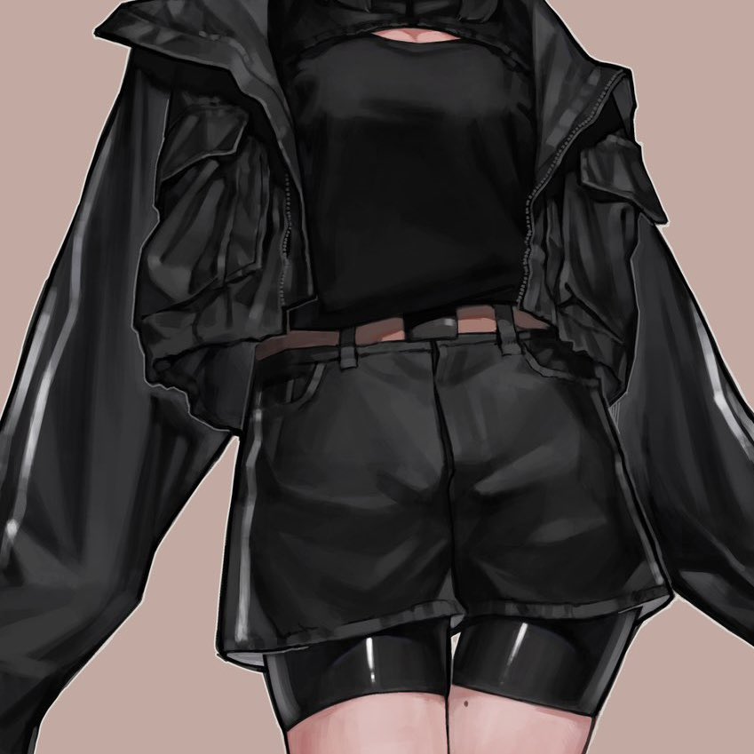the image is a digital illustration of an animestyle girl wearing a stylish black outfit.  the outfit consists of a cropped black top, black biker shorts, and a loosefitting black jacket with noticeable seams and accents.  the jacket is oversized and has pockets.  the shorts are highwaisted and appear to be made of a slightly shiny material. the overall aesthetic is dark, edgy, and fashionable, typical of streetwear styles. the art style is detailed, with shading and texturing that give the clothing a realistic feel. the background is a simple, muted beige.