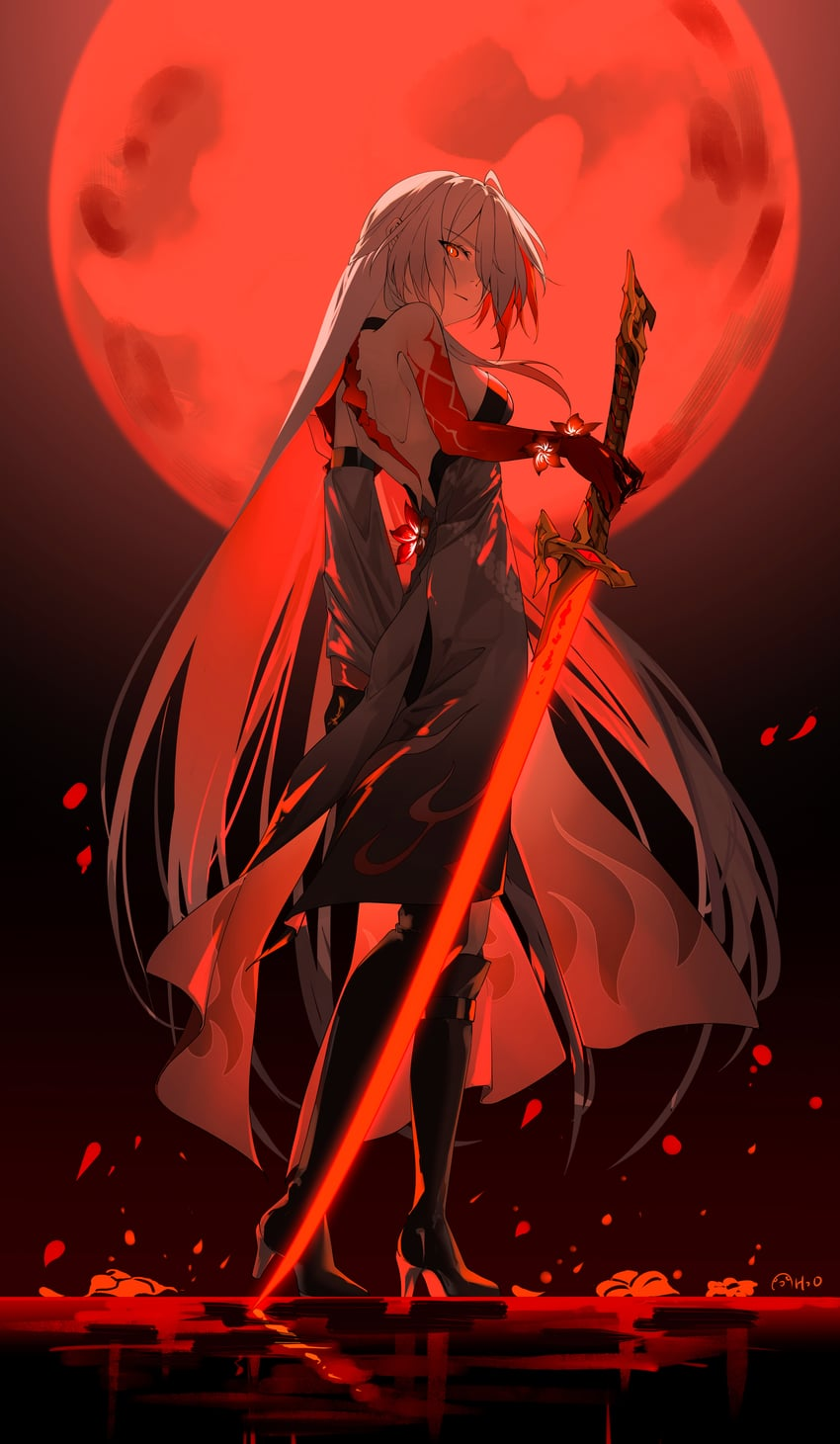 fierce, whitehaired woman stands amidst a pool of blood, her back to a giant, crimson moon.  she grips a glowing red sword, her gaze sharp and determined.  her attire is dark and flowing, with hints of red accents that echo the bloody scene around her. the overall atmosphere is one of power and darkness, emphasized by the dramatic red lighting.