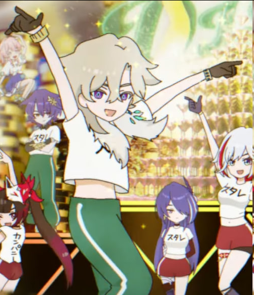 the image is a vibrant and cheerful cartoon illustration of a group of anime girls dancing. the main character, a girl with white hair and a white shirt, is in the center of the image. she's wearing a green pants and is dancing with an energetic expression. the background is filled with colorful lights and confetti, creating a festive atmosphere. the image is full of life and movement, and it's a fun and engaging piece of artwork.