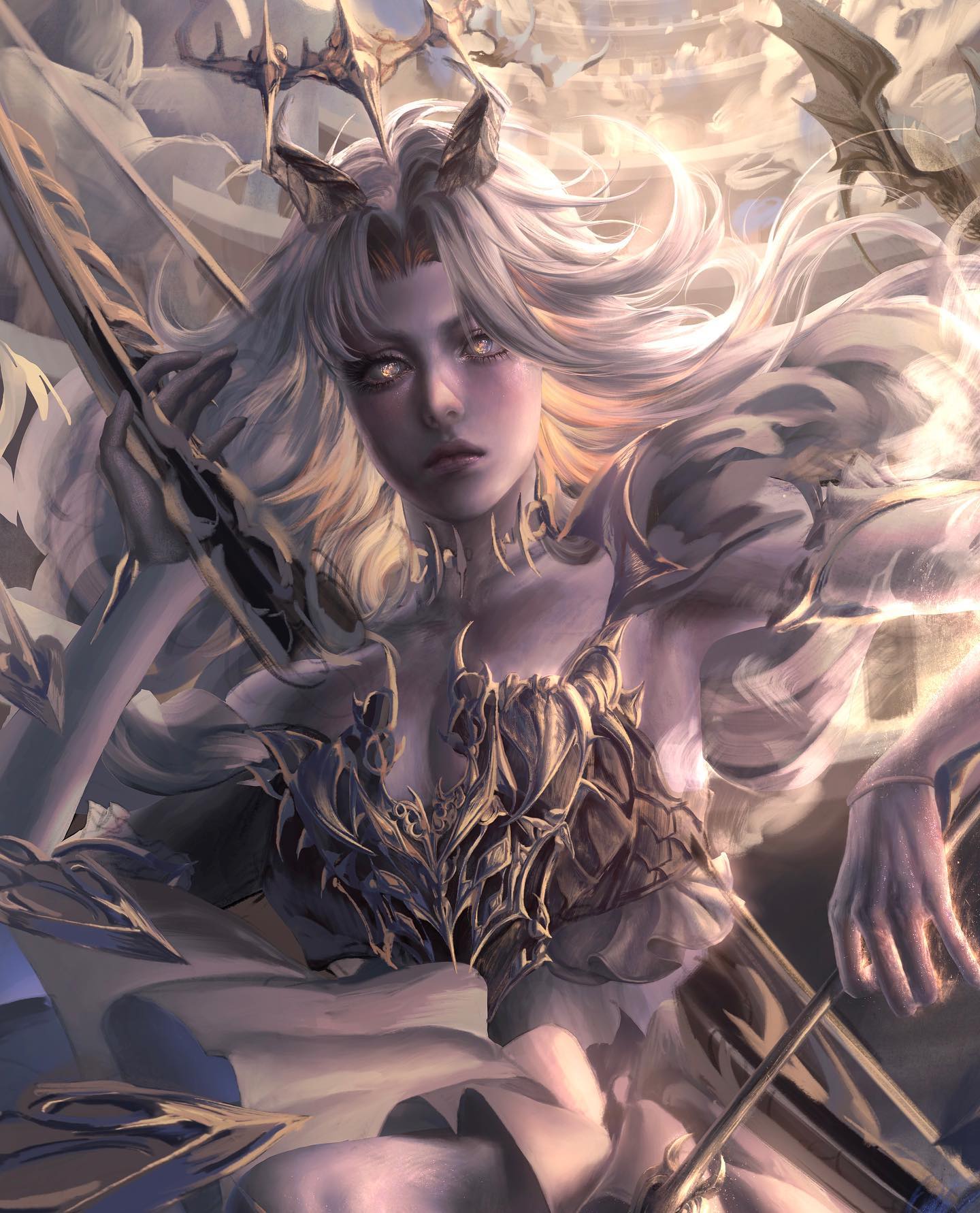 this digital drawing depicts a beautiful female character with long, flowing white hair and horns, suggesting she could be an angel or a demon. she wears ornate, spiky armor over a flowing gown and stares intensely at the viewer. her surroundings are abstract and somewhat chaotic, hinting at a battle or conflict. the lighting is dramatic, highlighting her features and the details of her attire. several swords surround her, further emphasizing her warriorlike presence.
