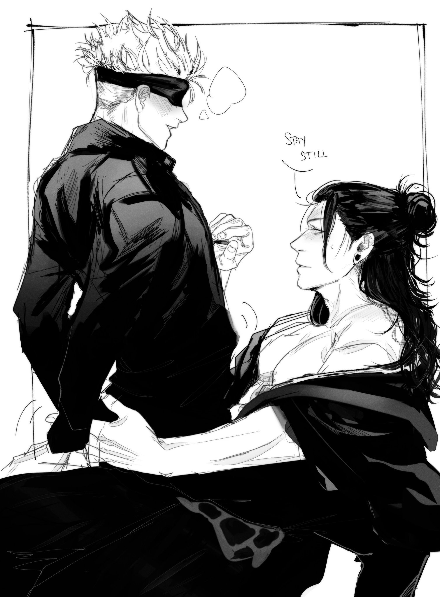 this image depicts a closeup portrait of two men, likely from an anime or manga series. the man on the left, with a stern expression, is holding the other man, who is leaning in for a kiss, in a close embrace. the man on the left is wearing a dark jacket while the man on the right is wearing a white shirt